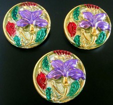 3 Czech Vaseline/Uranium Buttons #B153 - EXOTIC FLOWERS