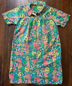 Vintage 70er Handmade Muu Muu Blumen Hauskleid, Overall Muster Taschen Druckknöpfe - Bild 1 von 11