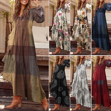 ZANZEA Women Long Sleeve V-Neck Printed Kaftan Long Maxi Dresses Plus Size