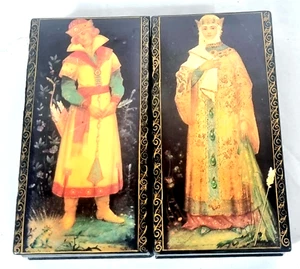 Pair of Russian Lacquer Boxes – Hand-Painted Folk Art – Palekh Style - Bild 1 von 6