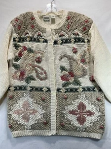Vntg Classic Elements Women’s Hand Knit Floral Cardigan Sweater 3/4 Sleeve Sz M - Picture 1 of 13