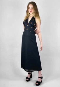 70's Vintage Ladies Black Crepe Halter Neck Embroidery Boho Studio 54 Midi Dress - Picture 1 of 5