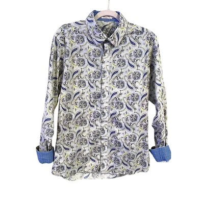 Camisa Platino De Marquis Botón Grande 16.5 Blanco Amarillo Azul Paisley Puño Abatible Foto 1 de 4