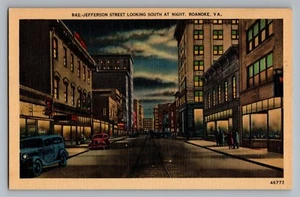 Postal de lino Roanoke Virginia VA Jefferson Street escena nocturna sur 1930-45 - Imagen 1 de 2