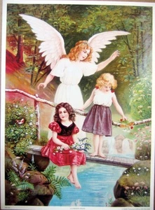 art print~GUARDIAN ANGEL~with Girls on bridge flowers children vtg rep 10.5x14.5 - Picture 1 of 1