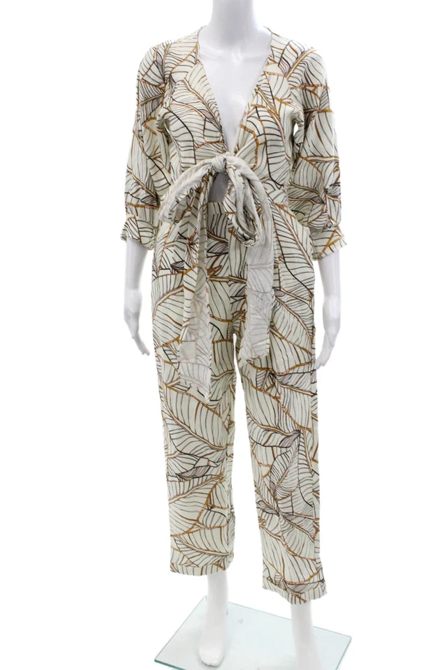 Nicholas Women Beige Linen Geometric V-Neck Jumpsuit 3/4 Sleeve Size 0 - Image 1 of 4