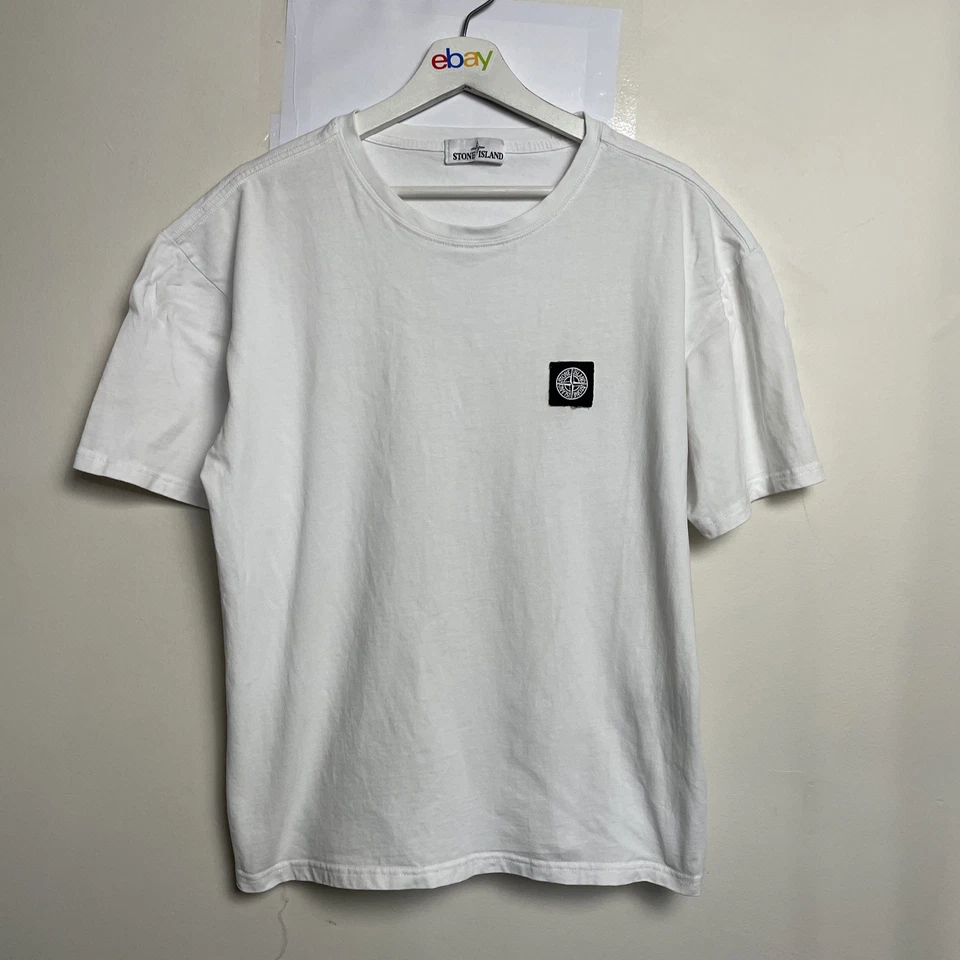 Stone Island Shirt L White Short Sleeve Patch Logo Romania Made Cotton Blend - image 1 of 4