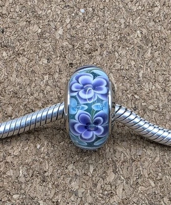 925 Sterling Silver Purple Blue Flowers Green Murano European Charm Bead STAMPED - Image 1 of 2