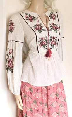 Blusa Monzón Crema Floral Bordada Boho Folk Rosa Algodón Talla M/12-14 Tirol Foto 1 de 4
