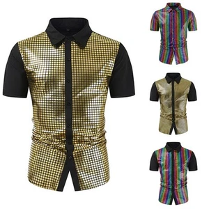 Shiny Sequined Men's Gold Lapel Shirt Button Down Disco Blouse 70s Style - Picture 1 of 26