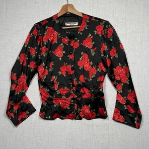Vintage Saint Laurent Blazer Rive Gauche Blumen Schwarz Rot Schößchen Gr. 42 - Bild 1 von 8