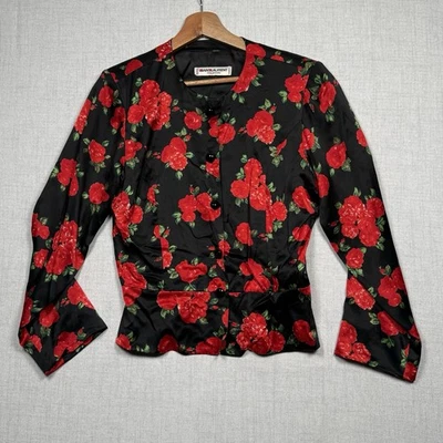 Blazer Vintage Saint Laurent Rive Gauche Floral Negro Rojo Peplum Talla 42 Foto 1 de 4