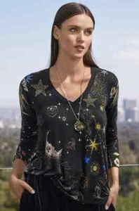 Johnny Was Celestin Favorite Long Swing Tee Shirt Black Floral Top Special M NEW - Picture 1 of 13