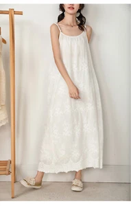 Embroidery Camisole Full Slips Dress Pure Cotton Camis Slips Petticoat Chemise - Picture 1 of 17