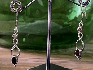 Vintage 925 Sterling Silver Garnet Long Drop Earrings - Picture 1 of 8