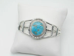 Bracciale Nativi Americani Argento Sterling e Kingman Turchese Navajo Fatto a Mano - Foto 1 di 7