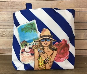 Lancome Paris Beach Tote Bag Canvas Striped Painted Vespa Girl Cocktail Rose - Picture 1 of 5
