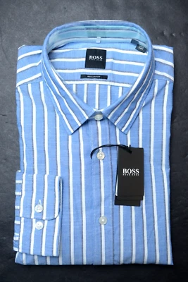 Hugo Boss Men's Lukas Regular Fit Med Blue Striped Cotton Casual Sport Shirt S - Image 1 of 4