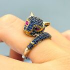 Women Simulated Sapphire 925 Sterling Silver Ring Cat Animal Figure Handmade