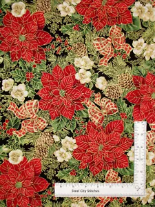 Christmas Joy Poinsettia Greenery Fabric Cotton Timeless Treasures CM1275 Yard - Picture 1 of 1