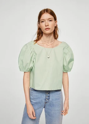 Mango 100% Cotton Light Mint Green Puff Sleeve Crop Top Shirt Women's USA Small - Image 1 of 4