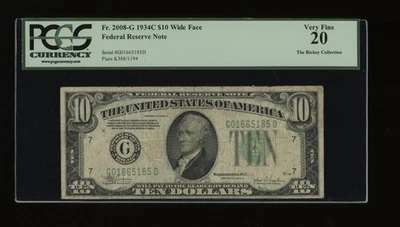 DBR 1934-C $10 FRN Wide Chicago Fr. 2008-Gw PCGS VF-20 Serial G01665185D - Image 1 of 2
