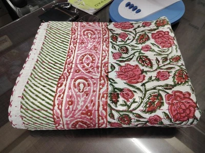 king size pink white floral print bedspread kantha throw Indian handmade quilt - Image 1 of 4