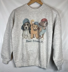 Bob Harrison Best Friends Gray Cat Dog Vintage 90s Crewneck Sweatshirt Small - Picture 1 of 7