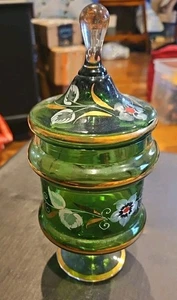 Vintage Czech Bohemian Green Glass Gold Enameled Flowers Lidded Candy Dish - Picture 1 of 8