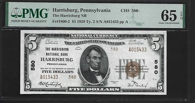 US Harrisburg, Pennsylvania  $5 1929 PMG 65 EPQ UNC Fr #1800-2 The Harrisburg NB - Image 1 of 4
