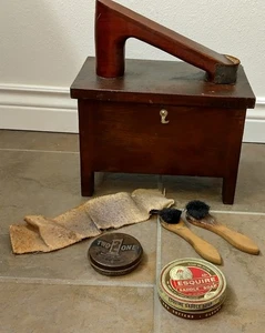 SHOE SHINE WOODEN BOX FOOT REST VTG OPENS FOR STORAGE POLISH BRUSHES 40s 50s - Picture 1 of 5