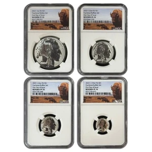 Set 4 monete Fiji 2023 argento frazionato bufalo prova inversa NGC PF70 primo giorno - Foto 1 di 2