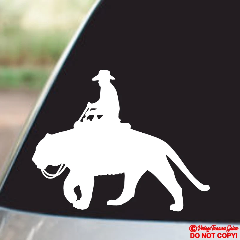 Cowboy Guy Man Riding a Big Cat Tiger Vinilo Calcomanía Adhesiva Coche Ventana Pared Parachoques Foto 1 de 2