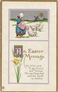 Postcard An Easter Message Dutch Girl Geese Windmill Narcissus Embossed Stecher - Picture 1 of 2