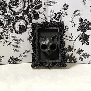 Mini 3.75" Framed Victorian Gothic Cat Skull Wall Plaque -Spooky Goth Home Decor - Picture 1 of 3