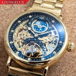 Mens Watch Gold Dual Time Stainless Steel Metal Strap Luxury Gift - Picture 1 of 12