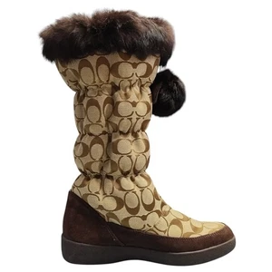 Coach Theona Signature hohe Lammfellstiefel Damen US 9B braun bedruckt Frontreißverschluss - Bild 1 von 17