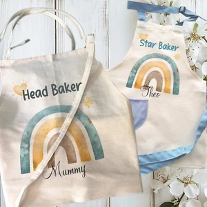 Personalised rainbow linen apron and hat set, chef pinny, wooden set, tabard - Picture 1 of 2