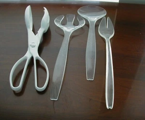 MCM Clear Plastic Salad Server Set and Fork + White Serving Tongs 4 pieces - Picture 1 of 8