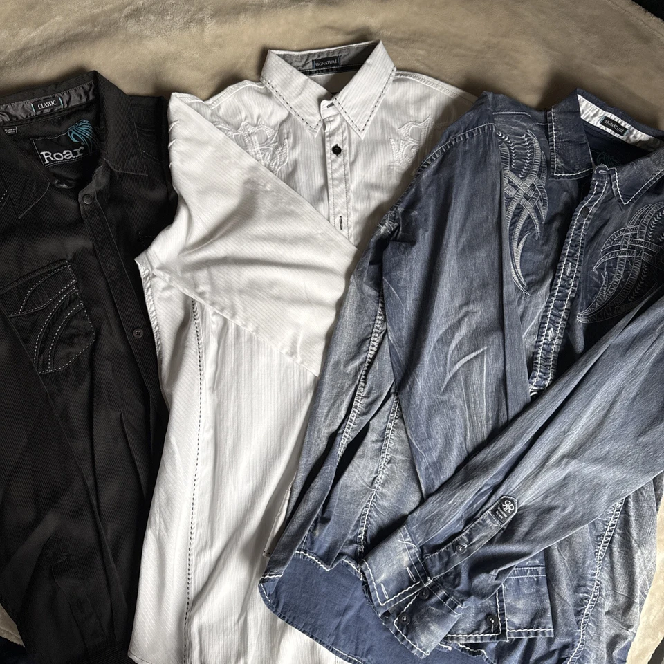 Lote de 3 camisas abotonadas bordadas Roar Enough Excuses para hombre talla L grande Foto 1 de 4