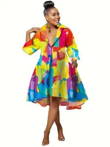 Osadía 4X Colorful A-Line Swing Dress Long Sleeve High Low Hem Polyester - Picture 1 of 5