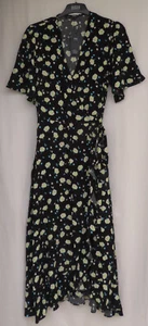 LADIES MARKS AND SPENCER BLACK & YELLOW FLORAL V NECK WRAP MIDI DRESS SIZE 12 - Picture 1 of 6