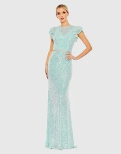 Ieena for Mac Duggal Sequined Flutter Sleeves Gown Aqua Blue Sz 12 Prom Formal - Picture 1 of 15