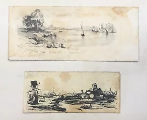 Antique drawings, edges of the Garonne and port view, 19th century - Picture 1 of 5