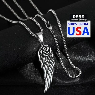 Metal Plateado 2" Pluma Rosa Colgante 23" Caja Cadena Collar Joyería Foto 1 de 2