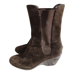 Cole Haan Air Mid Calf Boots Shoes Women's Size 7B Brown Suede Wedge Stretch EUC - Picture 1 of 7