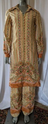 Túnica vintage anos 60-70 Oscar De La Renta Boutique estampa psicodélica perna larga calça P - Imagem 1 de 4