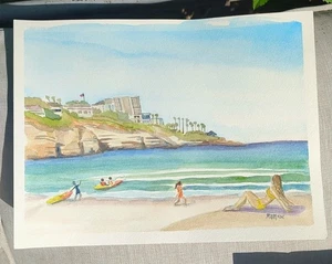 Fun In The Sun La Jolla Beach Original Watercolor RAMfish Artist 9" X 12" - Picture 1 of 10