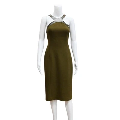 Michael Kors Knee Length Halter Dress Sz 6 Olive Green Snake Trim Wool Blend  - Image 1 of 2