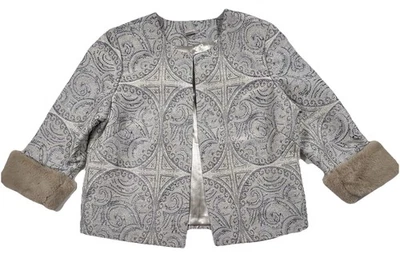 CHICOS Womens XL Silver Metallic Jacquard Jacket Faux Fur Cuffs Open Front - Image 1 of 4